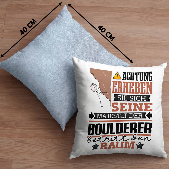 Boulderer Geschenk Kissen mit Füllung 40x40 Lustiger Spruch Erheben Sie Sich Der Boulderer Betritt den Raum (Grau) Blau Trendation