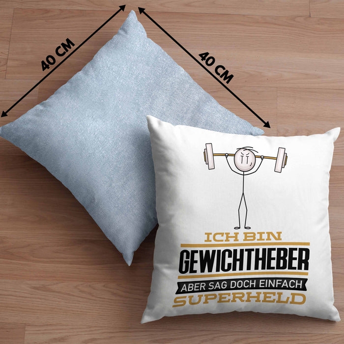 Gewichtheber Geschenk Kissen mit Füllung 40x40 Ich Bin Gewichtheber Aber Sag Doch Einfach Superheld Lustige Geschenkdiee für Gewichtheber (Grau) Blau Trendation