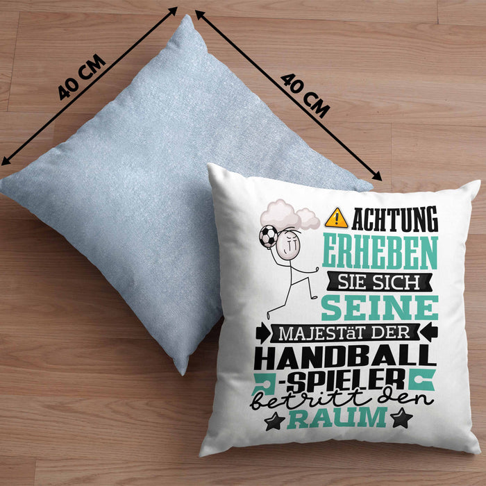 Handballspieler Geschenk Kissen mit Füllung 40x40 Lustiger Spruch Erheben Sie Sich Der Handballspieler Betritt den Raum (Grau) Blau Trendation