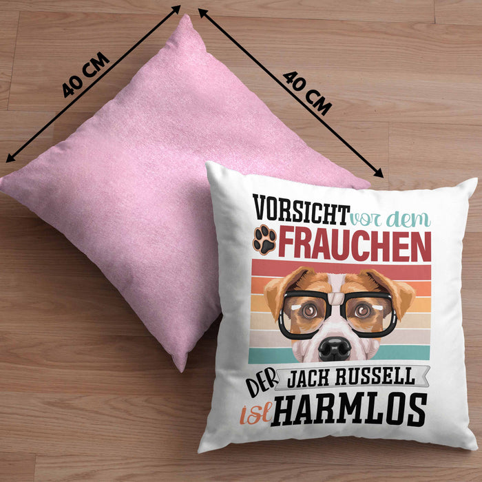 Jack Russell Besitzerin Frauchen Kissen mit Füllung 40x40 Geschenk Lustiger Spruch Geschenkidee Vorsicht Vor Dem Frauchen (Grau) Rosa Trendation