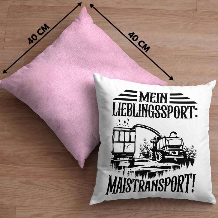 Lieblingssport Maistransport Kissen mit Füllung 40x40 Geschenk Landwirt Bauer Geschenkidee Landwirtschaft Häferl (Grau) Rosa Trendation