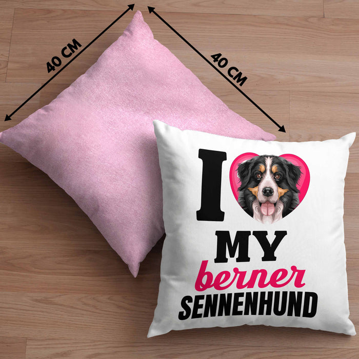 Berner Sennen Besitzerin Kissen mit Füllung 40x40 Geschenk Lustiger Spruch Geschenkidee I Love My Berner Sennen (Grau) Rosa Trendation