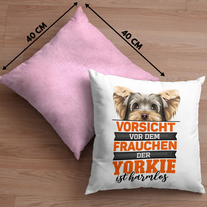 Yorkie-Besitzer Geschenk Kissen mit Füllung 40x40 Hund Yorkie Liebhaber Geschenkidee Vorsicht Vor Dem Frauchen Der Yorkie Ist Harmlos (Grau) Rosa Trendation