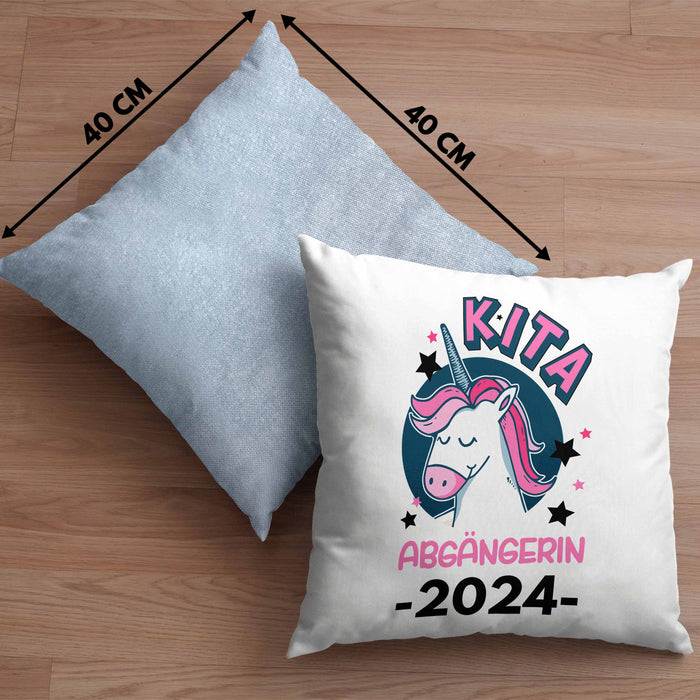 Kita Abgängerin 2024 Schulstart Kissen mit Füllung 40x40 Geschenk Mädchen Einschulung Schulanfang Erster Schultag Idee (Grau) Blau Trendation