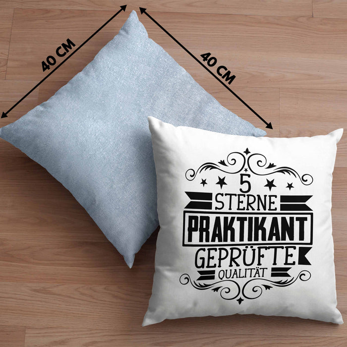 Praktikant Kissen mit Füllung 40x40 Geschenk Lustiger Spruch 5 Sterne Praktikant Geprüfte Qualiät (Grau) Blau Trendation