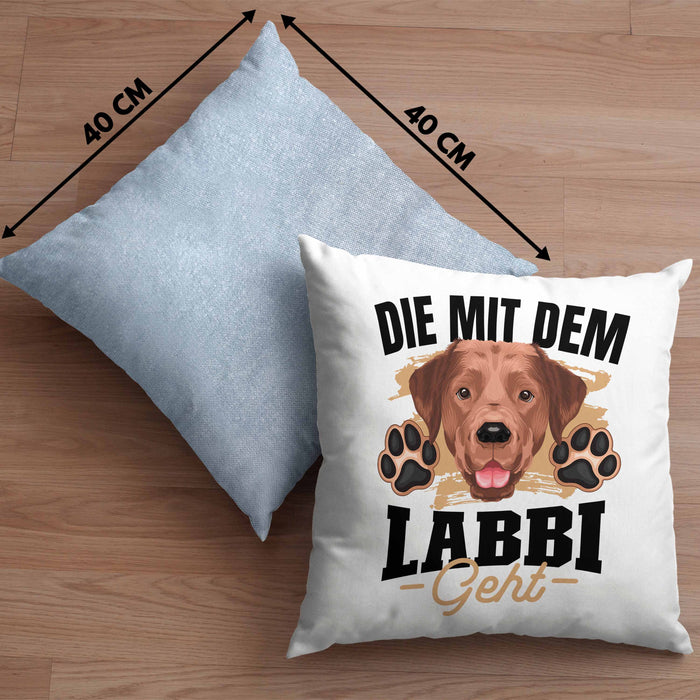 Die Mit Dem Labbi Geht Kissen mit Füllung 40x40 Gassi Gehen Labrador Besitzerin Geschenkidee Frauchen Geschenk (Grau) Blau Trendation