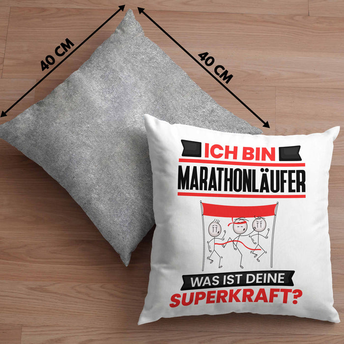 Marathonläufer Kissen mit Füllung 40x40 Geschenk für Marathonläufer Geburtstag Lustiger Spruch Was Ist Deine Superkraft (Grau) Grau Trendation