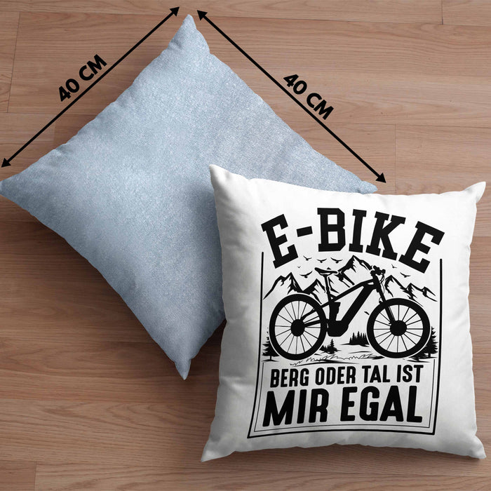 E-Bike Fahrer Geschenk Kissen mit Füllung 40x40 Elektro-Fahrrad Berg Oder Tal Ist Mir Egal Geschenkidee (Grau) Blau Trendation