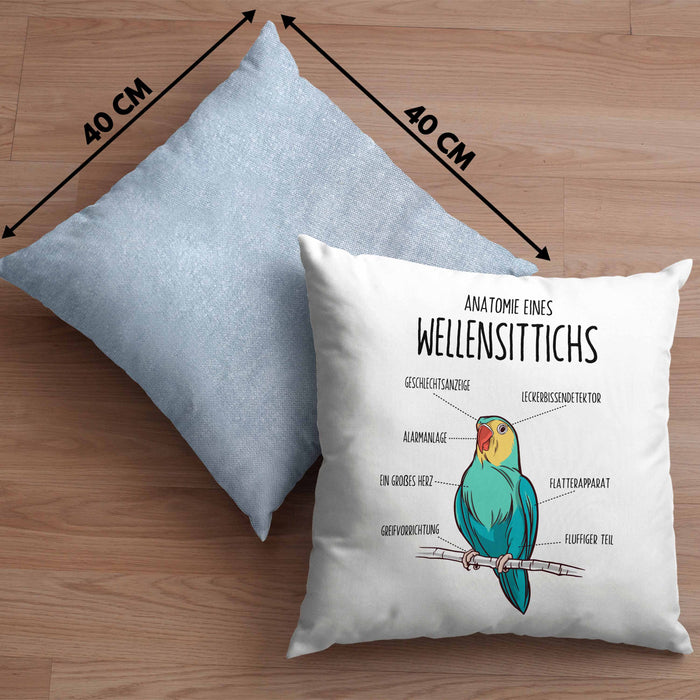 Lustige Wellensittich-Kissen mit Füllung 40x40 Geschenk für Wellensittich-Besitzer (Grau) Blau Trendation