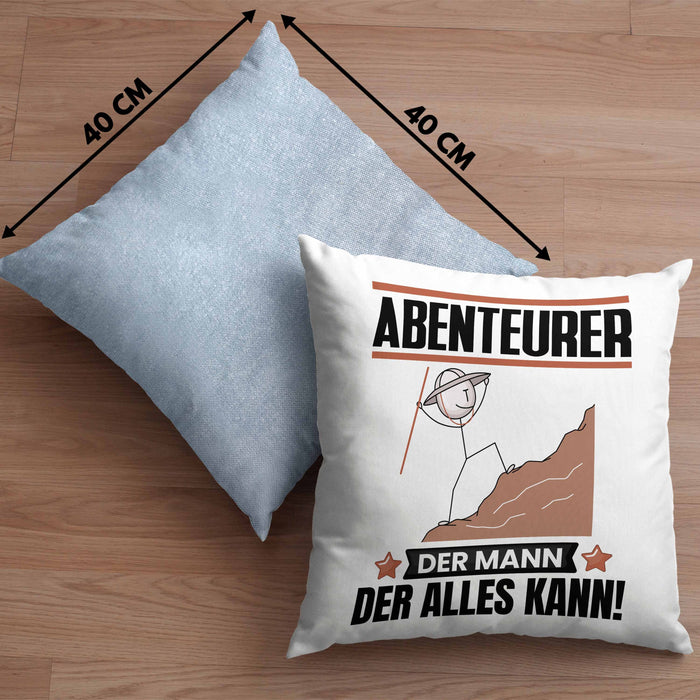 Abenteurer Kissen mit Füllung 40x40 Geschenk für Abenteurer Der Mann Der Alles Kann Geschenkidee zum Geburtstag (Grau) Blau Trendation