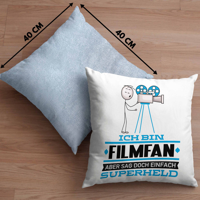 Filmfan Geschenk Kissen mit Füllung 40x40 Ich Bin Filmfan Aber Sag Doch Einfach Superheld Lustige Geschenkdiee für Filmfan (Grau) Blau Trendation