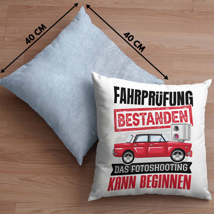 Führerschein Bestanden Geschenk Kissen mit Füllung 40x40 Bestandener Führerschein Das Fotoshooting Kann Beginnen Fahrschule (Grau) Blau Trendation