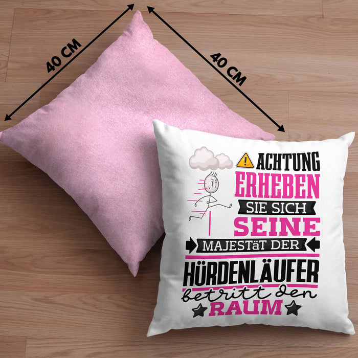 Hürdenläufer Geschenk Kissen mit Füllung 40x40 Lustiger Spruch Erheben Sie Sich Der Hürdenläufer Betritt den Raum (Grau) Rosa Trendation