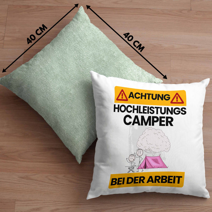 Camper Kissen mit Füllung 40x40 Geschenk Lustiger Spruch Geschenkidee für Camper Achtung Hochleistungs Camper Bei Der Arbeit (Grau) Grün Trendation