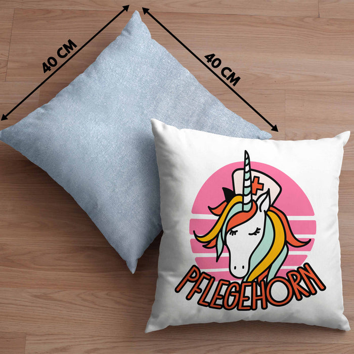 Lustige Pflege Geschenkidee für Pflegerinnen Kissen mit Füllung 40x40 Einhorn "Pflegehorn" Spruch (Grau) Blau Trendation