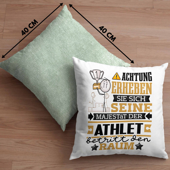 Athlet Geschenk Kissen mit Füllung 40x40 Lustiger Spruch Erheben Sie Sich Der Athlet Betritt den Raum (Grau) Grün Trendation