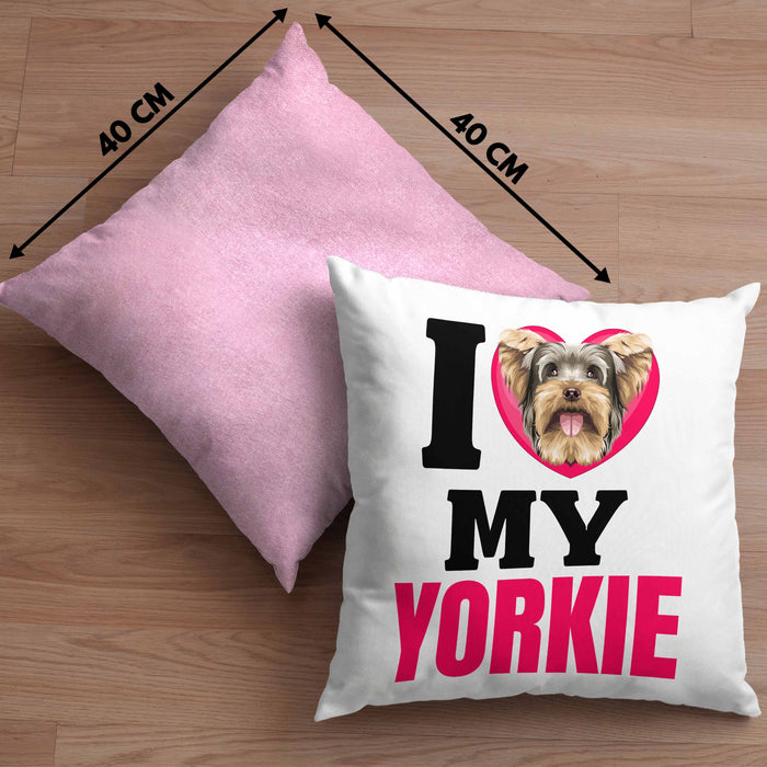 Yorkie Besitzerin Kissen mit Füllung 40x40 Geschenk Lustiger Spruch Geschenkidee I Love My Yorkie (Grau) Rosa Trendation