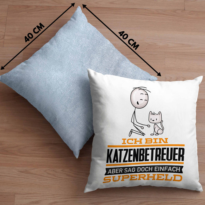 Katzenbetreuer Geschenk Kissen mit Füllung 40x40 Ich Bin Katzenbetreuer Aber Sag Doch Einfach Superheld Lustige Geschenkdiee für Katzenbetreuer (Grau) Blau Trendation