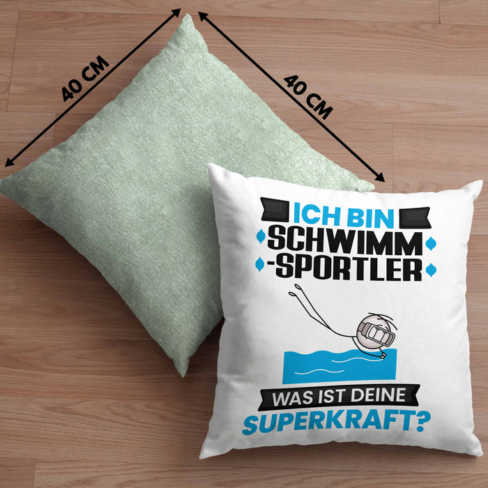Schwimmsportler Kissen mit Füllung 40x40 Geschenk für Schwimmsportler Geburtstag Lustiger Spruch Was Ist Deine Superkraft (Grau) Grün Trendation