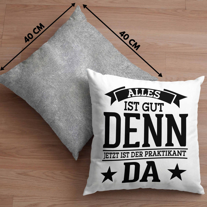 Praktikant Kissen mit Füllung 40x40 Geschenk Lustiger Spruch Alles Gut Denn Jetzt Ist Der Praktikant Da (Grau) Grau Trendation