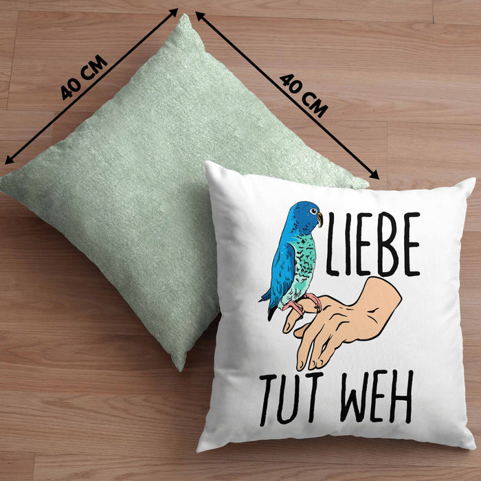 Lustige Wellensittich-Kissen mit Füllung 40x40 Geschenk für Wellensittich-Besitzer Liebe Tut Weh (Grau) Grün Trendation