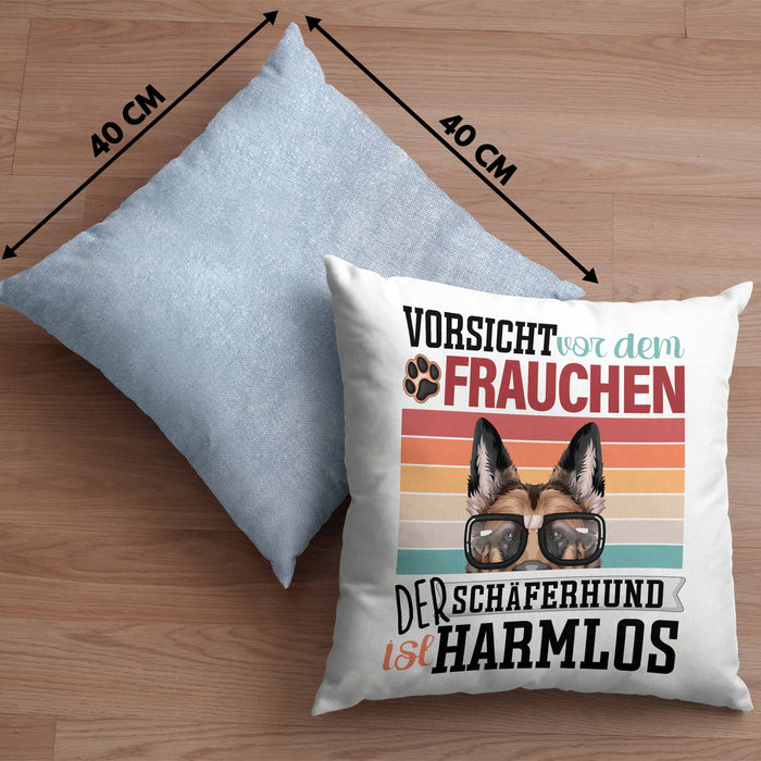 Schäferhund Besitzerin Frauchen Kissen mit Füllung 40x40 Geschenk Lustiger Spruch Geschenkidee Vorsicht Vor Dem Frauchen (Grau) Blau Trendation