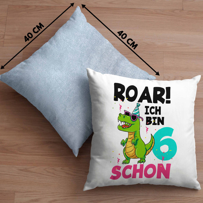 6. Geburtstag Kissen mit Füllung 40x40 Geschenk Lustiger Spruch Roar Ich Bin Schon 6 Dinosaurier Geschenkidee Geburtstag (Grau) Blau Trendation