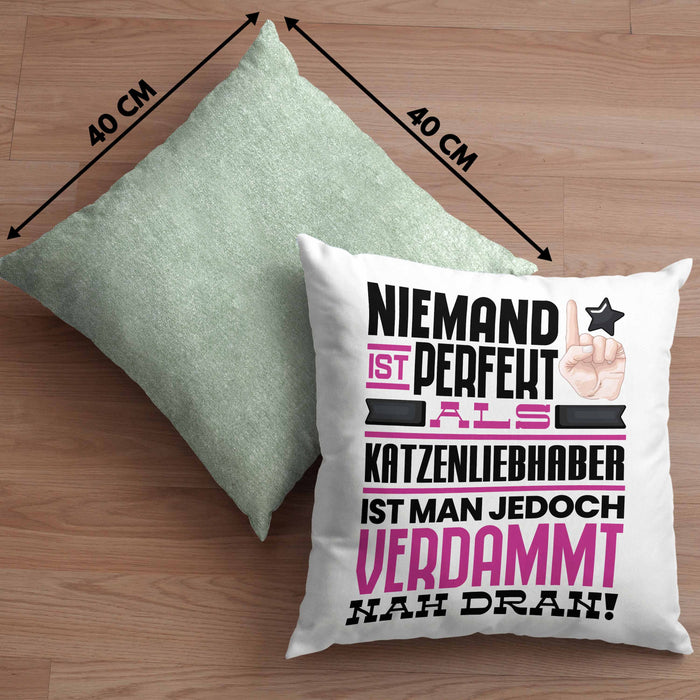 Katzenliebhaber Geschenk Kissen mit Füllung 40x40 Lustige Geschenkidee für Katzenliebhaber Geburtstag Niemand Ist Perfekt Aber Als Katzenliebhaber Ist Man Nah Dran (Grau) Grün Trendation