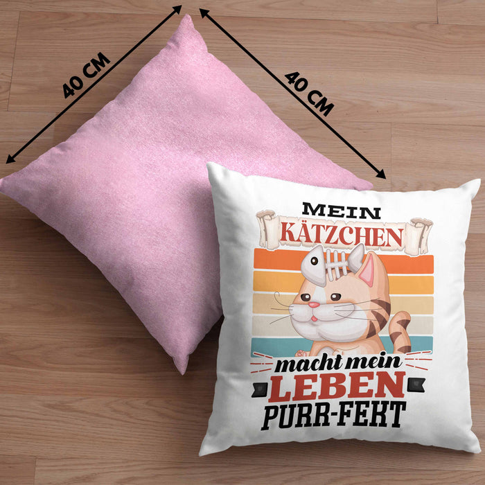 Katze Kissen mit Füllung 40x40 Geschenk Spruch Geschenkidee für Katzen-Mama Papa Katzenliebhaber Mein Kätzen Macht Mein Leben Purr-pekt (Grau) Rosa Trendation