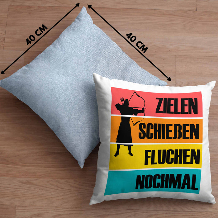 Bogenschießen Kissen mit Füllung 40x40 mit Bogenschütze Spruch - Geschenk für Pfeil und Bogen Fans Zielen Schießen Fluchen Nochmal (Grau) Blau Trendation
