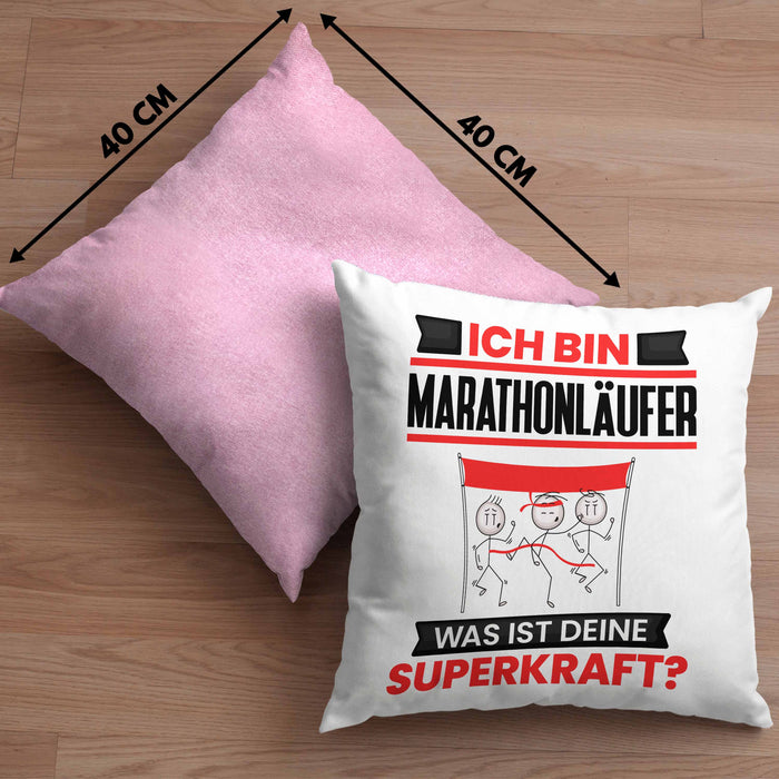 Marathonläufer Kissen mit Füllung 40x40 Geschenk für Marathonläufer Geburtstag Lustiger Spruch Was Ist Deine Superkraft (Grau) Rosa Trendation