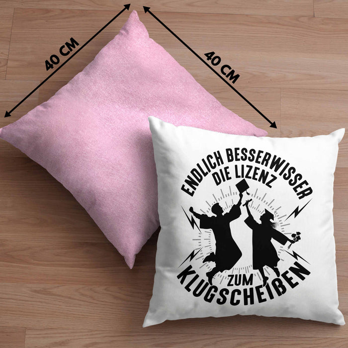 Bachelor Kissen mit Füllung 40x40 Master Studium Endlich Besserwisser Geschenk (Grau) Rosa Trendation