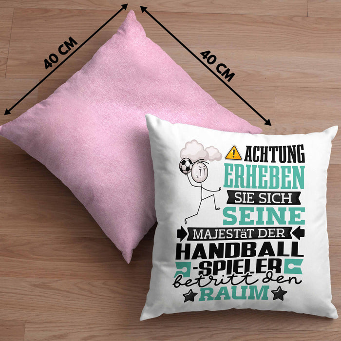 Handballspieler Geschenk Kissen mit Füllung 40x40 Lustiger Spruch Erheben Sie Sich Der Handballspieler Betritt den Raum (Grau) Rosa Trendation