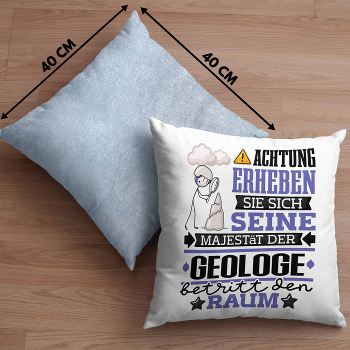 Geologe Geschenk Kissen mit Füllung 40x40 Lustiger Spruch Erheben Sie Sich Der Geologe Betritt den Raum (Grau) Blau Trendation