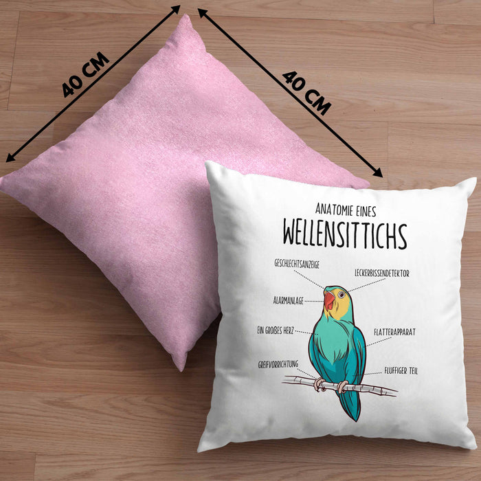 Lustige Wellensittich-Kissen mit Füllung 40x40 Geschenk für Wellensittich-Besitzer (Grau) Rosa Trendation