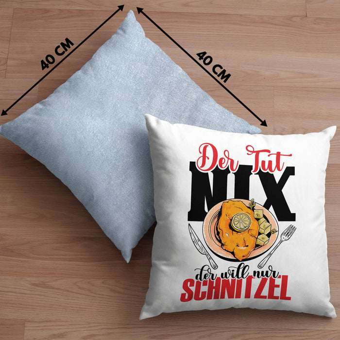 Schnitzel Kissen mit Füllung 40x40 "Der tut nix, der will nur Schnitzel" Geschenkidee für Schnitzelliebhaber (Grau) Blau Trendation