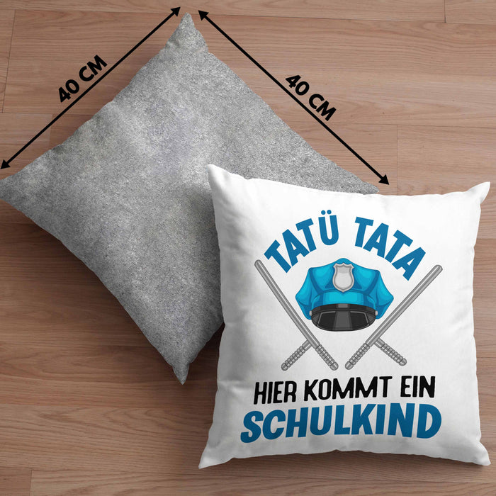 Einschulung Junge Tatü Tata Schulkind Geschenk für Schultüte Füllung Kissen mit Füllung 40x40 Schulstart 1. Schultag Schuleinführung Schulanfang Geschenkidee 2024 (Grau) Grau Trendation