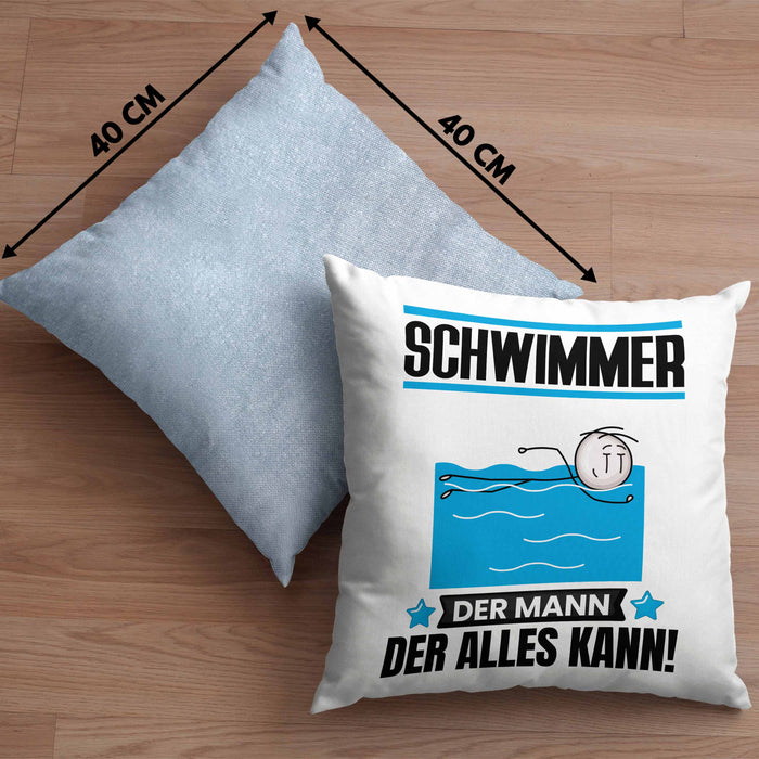 Schwimmer Kissen mit Füllung 40x40 Geschenk für Schwimmer Der Mann Der Alles Kann Geschenkidee zum Geburtstag (Grau) Blau Trendation