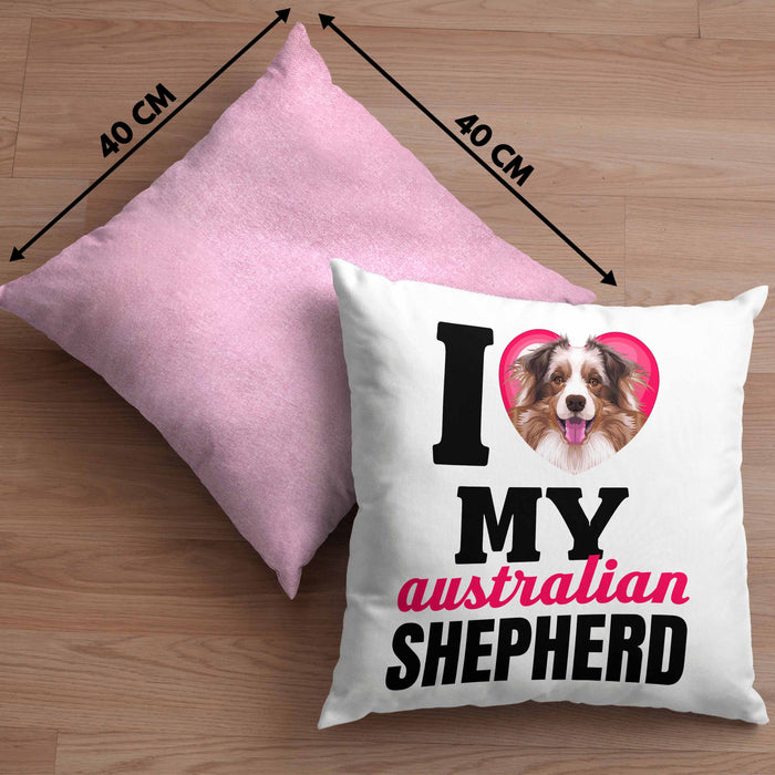 Australian Shepherd Besitzerin Kissen mit Füllung 40x40 Geschenk Lustiger Spruch Geschenkidee I Love My Australian Shepherd (Grau) Rosa Trendation