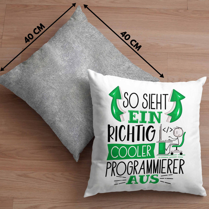 Programmierer Kissen mit Füllung 40x40 Geschenk So Sieht Ein RIchtig Cooler Programmierer Aus Geschenkidee Lustiger Spruch Geburtstag (Grau) Grau Trendation