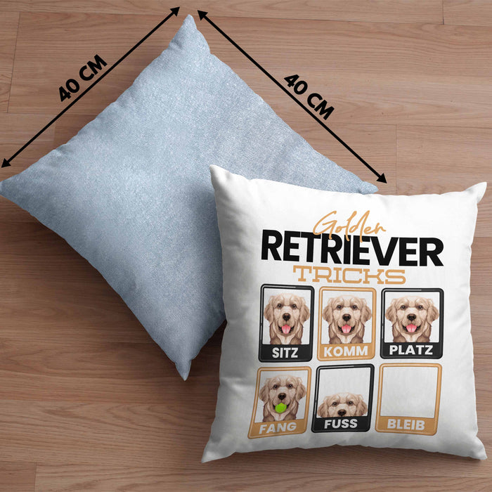 Golden Retriever Besitzer Kissen mit Füllung 40x40 Geschenk Lustiger Spruch Geschenkidee Golden Retriever Tricks Bleib (Grau) Blau Trendation