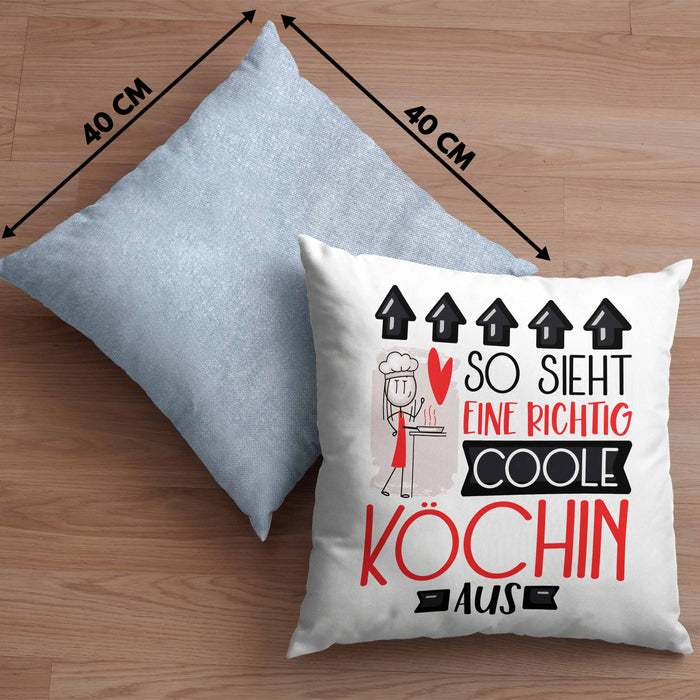Köchin Geschenk Kissen mit Füllung 40x40 Lustig Geschenkidee für Köchin Geburtstag So Sieht Eine Richtig Coole Köchin Aus Frauen Spruch (Grau) Blau Trendation