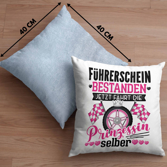 Führerschein Bestanden Geschenk Kissen mit Füllung 40x40 Bestandener Führerschein Jetzt Fährt Die Prinzessin Selber Motorrad Bike Fahrschule (Grau) Blau Trendation