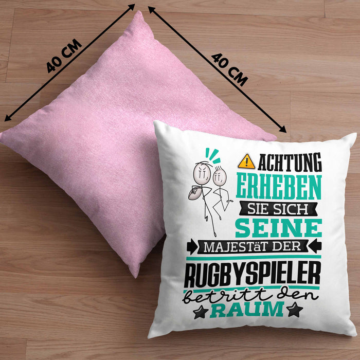 Rugbyspieler Geschenk Kissen mit Füllung 40x40 Lustiger Spruch Erheben Sie Sich Der Rugbyspieler Betritt den Raum (Grau) Rosa Trendation
