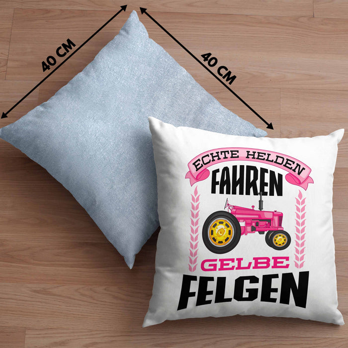 Landwirtin Spruch Frau Geschenk Kissen mit Füllung 40x40 Landwirtschaft Geschenke für Männer Traktor Spruch Echte Felgen (Grau) Blau Trendation