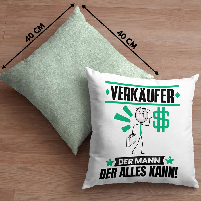 Verkäufer Kissen mit Füllung 40x40 Geschenk für Verkäufer Der Mann Der Alles Kann Geschenkidee zum Geburtstag (Grau) Grün Trendation