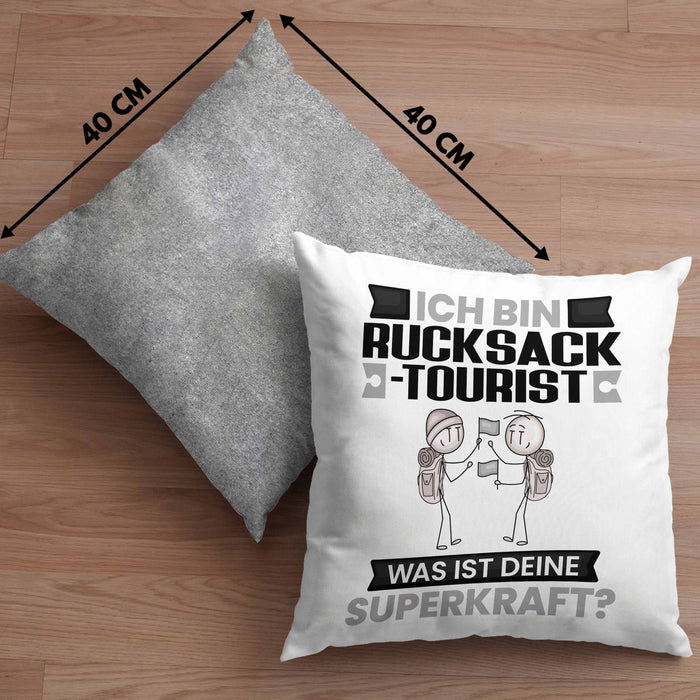 Rucksacktourist Kissen mit Füllung 40x40 Geschenk für Rucksacktourist Geburtstag Lustiger Spruch Was Ist Deine Superkraft (Grau) Grau Trendation