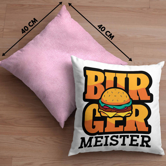 Burger Meister Kissen mit Füllung 40x40 Geschenk Spruch Grillen Sommer Burger Liebhaber Geschenkidee Cheeseburger (Grau) Rosa Trendation