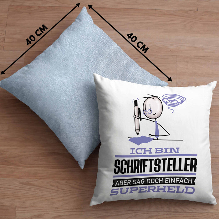 Schriftsteller Geschenk Kissen mit Füllung 40x40 Ich Bin Schriftsteller Aber Sag Doch Einfach Superheld Lustige Geschenkdiee für Schriftsteller (Grau) Blau Trendation