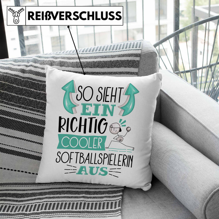 So Sieht Ein Richtig Cooler Softballspielerin Aus Geschenk Kissen mit Füllung 40x40 Lustiger Spruch Geschenkidee (Grau) Blau Trendation